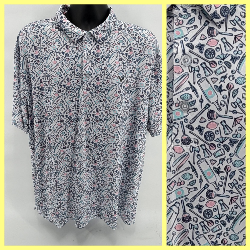 Callaway Golf Polo Mens XXL 2XL Opti-Dri Cocktail Mixology Print White Pink Blue